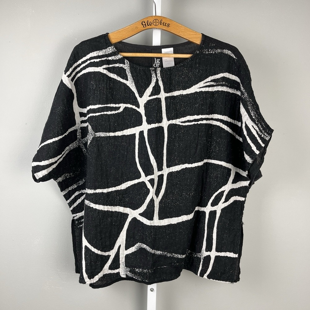 Igor Dobranic Linen Abstract Boxy Top Artsy Minimalist Blouse Black White L‎